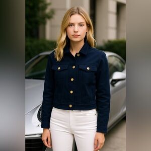 Michael Kors Dark Navy Military Chic  Denim Jean Jacket with Gold Buttons Size S